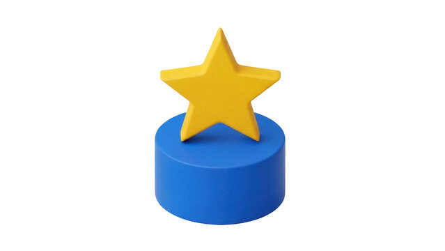Isolated 3D illustration of a golden star trophy placed on a blue cylindrical pedestal