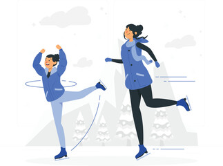 Two people ice skating on a winter day couple outdoors des