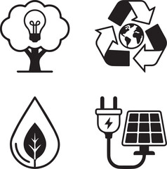 Set of black vector ecology icons featuring eco car, tree, and energy symbols for web business design illustration