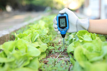 Agronomist checking soil ph level using digital meter in organic garden