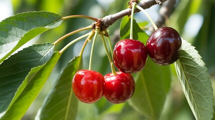 A close-up macro photograph of three bright red cherries hanging from a tree branch
