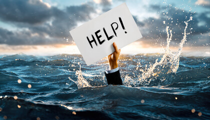 Struggling person in water holds up a sign asking for help during sunset