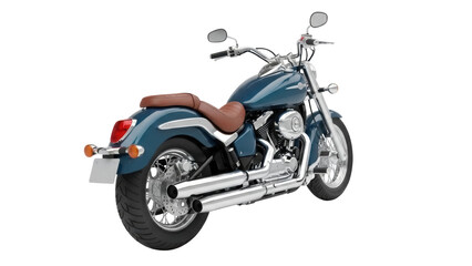 Isolated teal motorcycle with chrome pipes and brown leather seat against a light backdrop