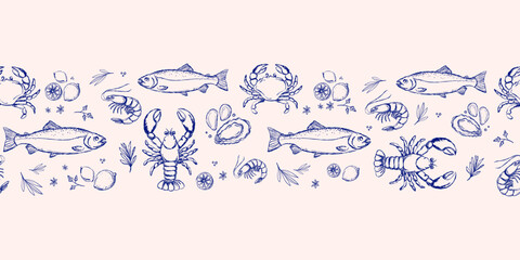 Seamless hand drawn seafood border pattern perfect for restaurant menus, food packaging, kitchen textiles, nautical branding, and culinary blog graphics. Vector illustration