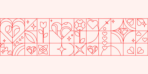 Geometric grid pattern of line art icons hearts, stars, flowers, tulips, sparkles, perfect for Valentines Day designs, romantic packaging, greeting cards, digital wallpapers, branding. Vector