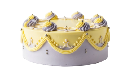 Isolated yellow and purple cake decoration with frosting, cake decoration close-up dessert