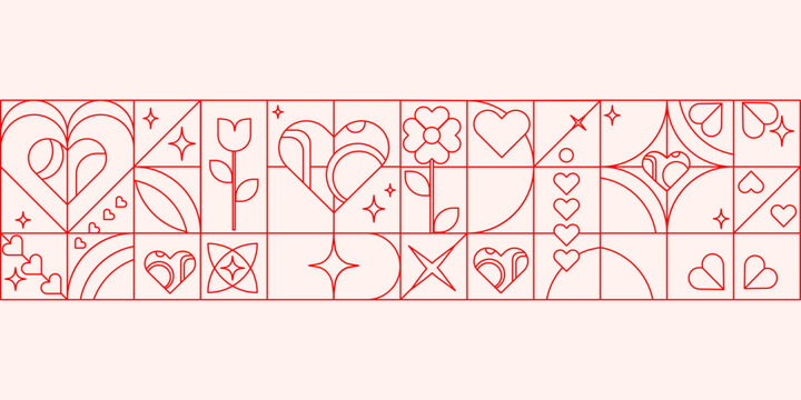 Geometric grid pattern of line art icons hearts, stars, flowers, tulips, sparkles, perfect for Valentines Day designs, romantic packaging, greeting cards, digital wallpapers, branding. Vector
