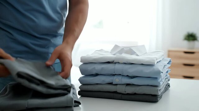 Man neatly folding and stacking clean shirts after laundry at home