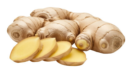 Isolated ginger root and slices, spicy food ingredient for cooking and herbal remedy use