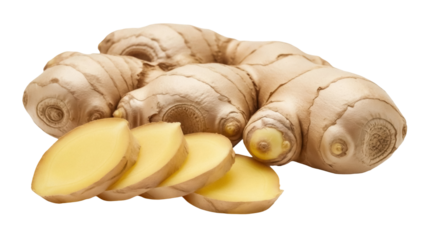 Isolated ginger root and slices, spicy food ingredient for cooking and herbal remedy use