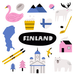 Cute Finland Design with Nordic Symbols. Cute Scandinavian Vector Illustration for Prints and Travel Design
