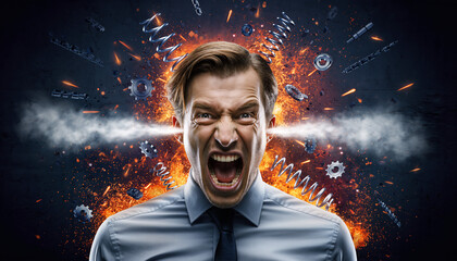 Man shouts in anger against a backdrop of explosions, gears, and metal springs at a dark location in a dramatic setting