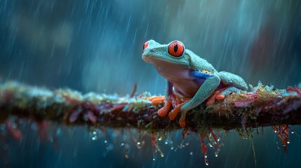 Red-eyed tree frog rests on a vine in a rain shower