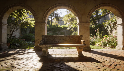 Naklejka premium Garden Arches of Majestic Stone Bench beneath Green Tree Canopy, Open-Air Architectural Scene - Perfect for Nature, Landscape, and Outdoor Advertisements