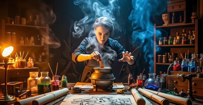 In a dimly lit laboratory filled with ancient scrolls and strange ingredients, a focused sorceress stirs a steaming cauldron, brewing a mystical potion