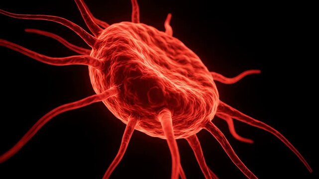 Microscopic view of a red virus or bacteria cell with multiple tendrils on a black background