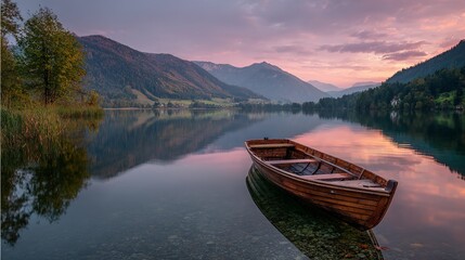 Obraz premium Serene wooden boat on calm lake at dusk with mountain backdrop