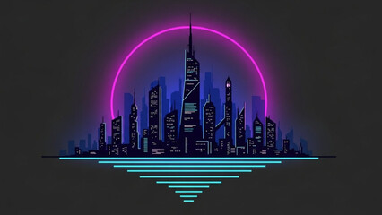 A futuristic cityscape at dusk with neon lights and a vibrant pink circle behind skyscrapers, urban landscape with blue glow lines