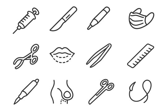 Essential icons for cosmetic procedures and plastic surgery tools.