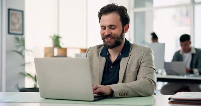 Happy man, thinking and typing in office with laptop for news report, blog post and journalism research. Person, coworking and reflection with computer for article idea, story and media publication.