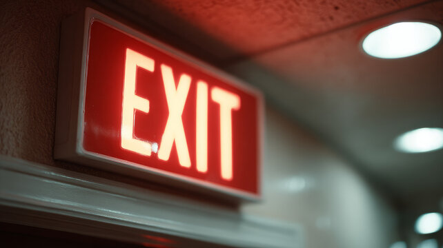 Illuminated red exit sign in a hallway with soft lighting.