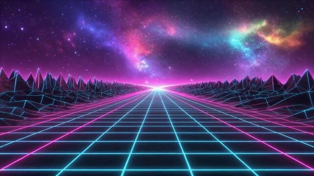 Futuristic synthwave background with digital grid road, retro neon mountains, and colorful galaxy nebula space landscape.