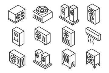 Isometric line art illustrations of various hvac units and components.