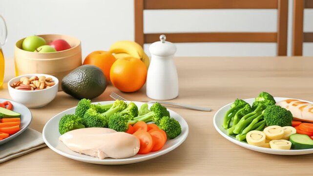 A panning shot reveals a table laden with healthy, balanced meal components like chicken, fresh vegetables, fruits, and nuts