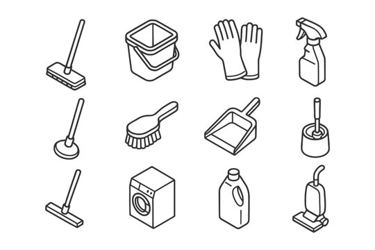 Line art of cleaning supplies: mop, bucket, gloves, spray bottle, brush, dustpan.