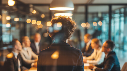 Blurred artistic shot of a professional female executive presenting to a diverse team of business people during a corporate strategy meeting in a modern office boardroom with lights