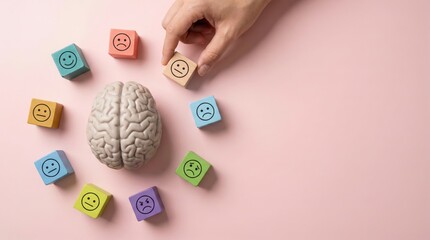 Brain model with emoji blocks and hand on pink background for mood awareness.