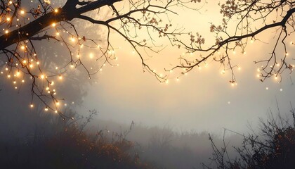 Golden lights arc through misty forest at twilight, casting magical warmth in serene woodland glow.