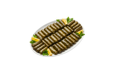 Dolmas, also known as Dolmades, are a Mediterranean appetizer made of grape leaves stuffed and rolled up, set against a white background.

