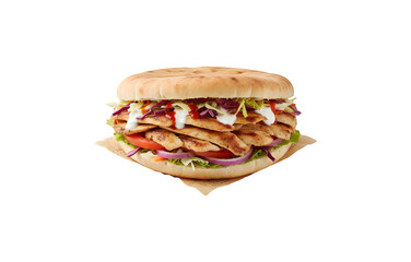 Pita bread filled with grilled chicken and vegetables, doner kebab style. Isolated on a white backdrop, top view.