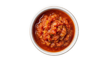 Small white bowl of chunky red salsa dip isolated on transparent background