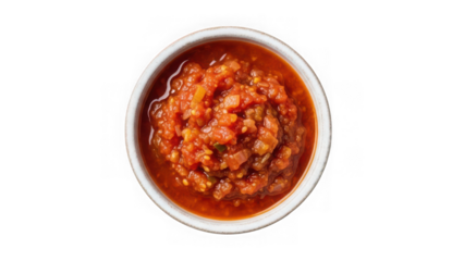 Small white bowl of chunky red salsa dip isolated on transparent background