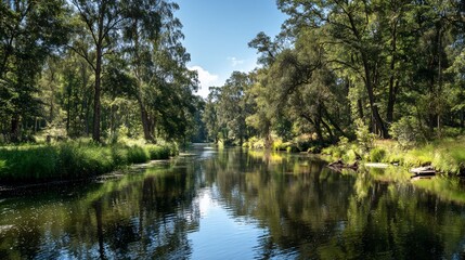 Reflective river flows through dense green forest under a bright blue sky