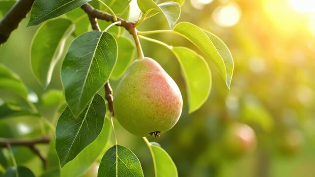 Close up of a ripe pear hanging from a tree branch bathed in warm sunlight