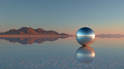 Reflective sphere on glassy salt flats, mirroring mountains, sky, and surface