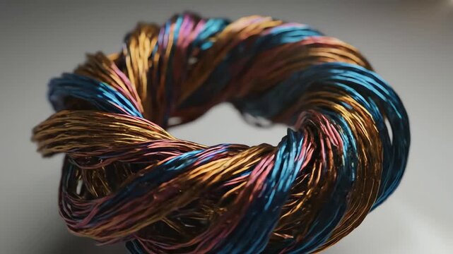 Intricate Twisting Colorful Metal Wires Forming a Toroidal Shape Macro Shot