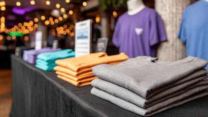 Naklejka premium Folded t-shirts on a display table at a retail store.