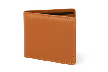 Brown leather bifold wallet standing upright, showcasing quality craftsmanship and a classic design on a transparent background