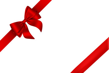 Png image of Vibrant red satin gift bow and ribbon diagonally positioned perfect for holiday celebration announcements or elegant design accents on transparent background