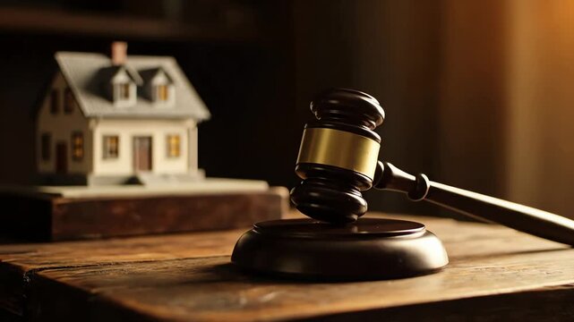 Gavel and miniature house on a wooden table symbolizing property law and auctions