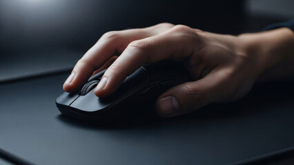 Close up of a hand using a modern computer mouse on a dark desk, representing technology, digital business, and online productivity.