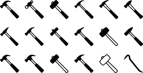 Naklejka premium Hammer silhouettes set, construction hand tools icons, repair and carpentry equipment, black isolated vector illustration, industrial workshop collection, design elements
