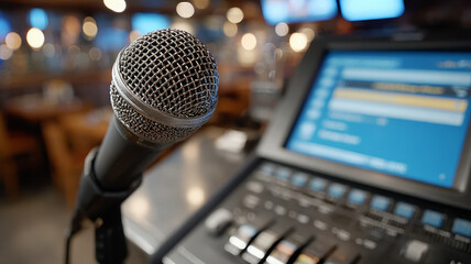 Close-up of a microphone with a karaoke screen in a bar setting.