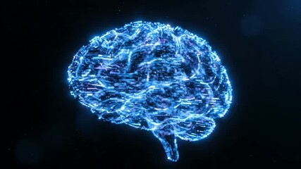 A futuristic digital brain hologram rotates with glowing blue particles representing neural network activity - Powered by Adobe