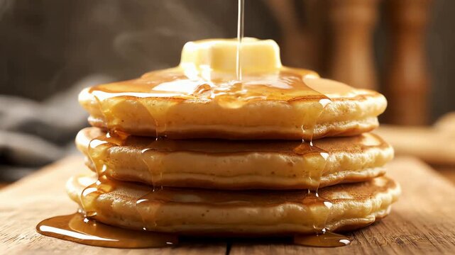 Pouring golden syrup and butter on a stack of delicious fluffy pancakes close up slow motion