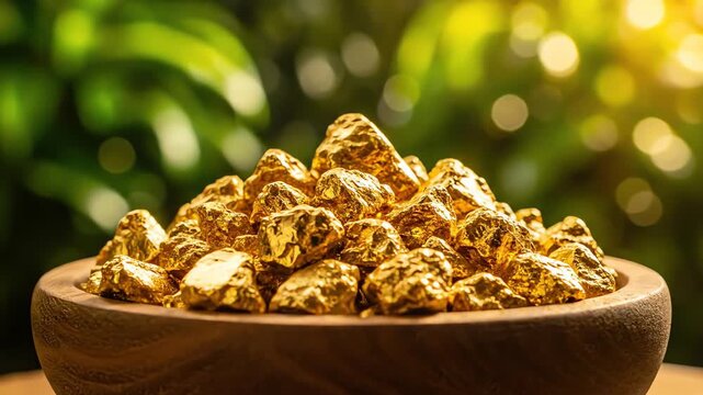 Luxurious golden nuggets piled high in a wooden bowl with lush green bokeh background